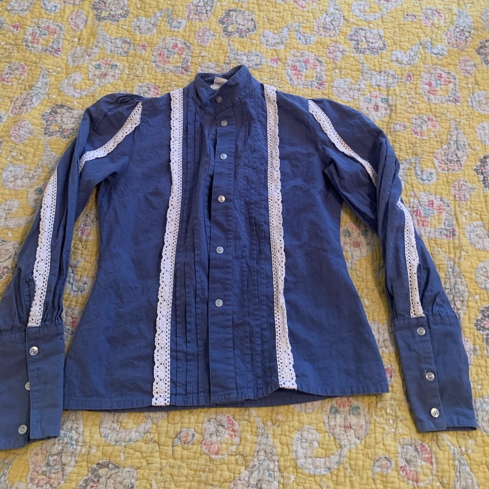 Laura Ashley Vintage Blue Ruffled Shirt with Lace Trim